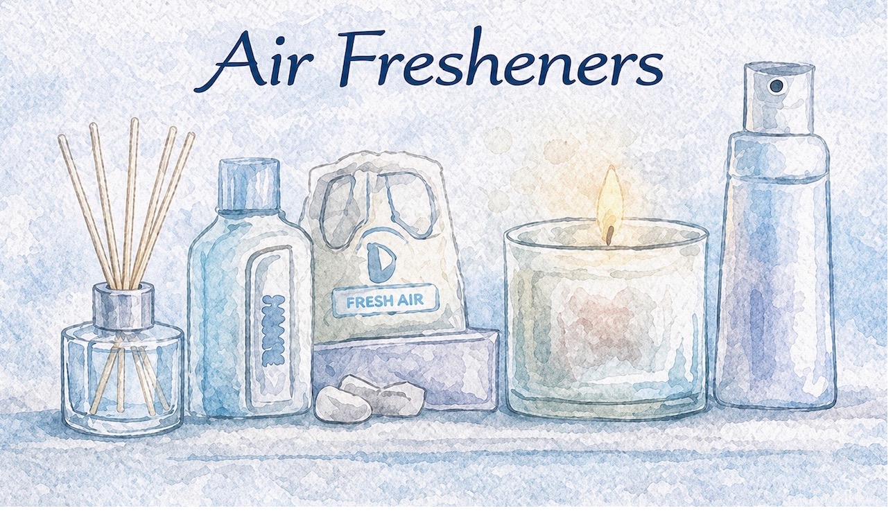 Watercolor illustration of air fresheners and ambient scenting products