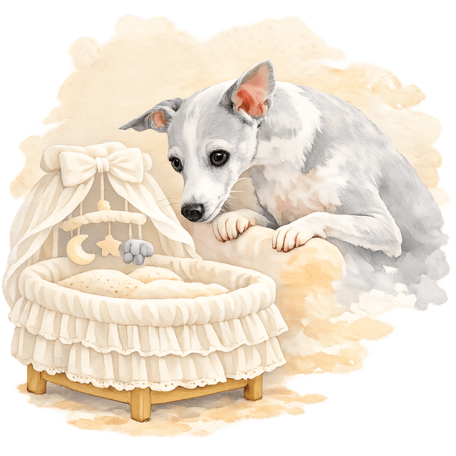 Watercolor illustration of Sadie beside a baby bassinet.