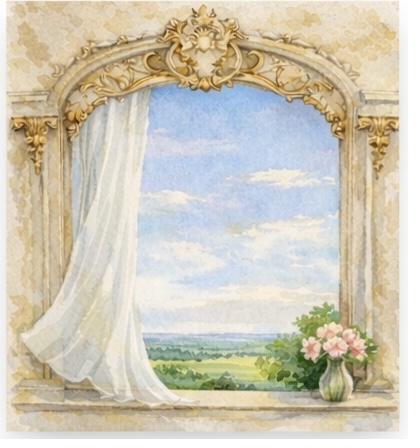 Watercolor of a quiet commercial lobby with diffused air