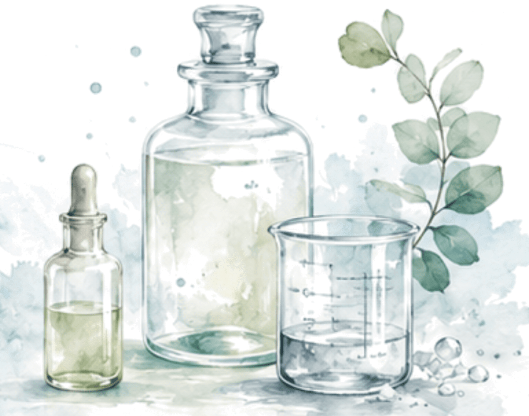 Laboratory bottles representing chemical ingredients.